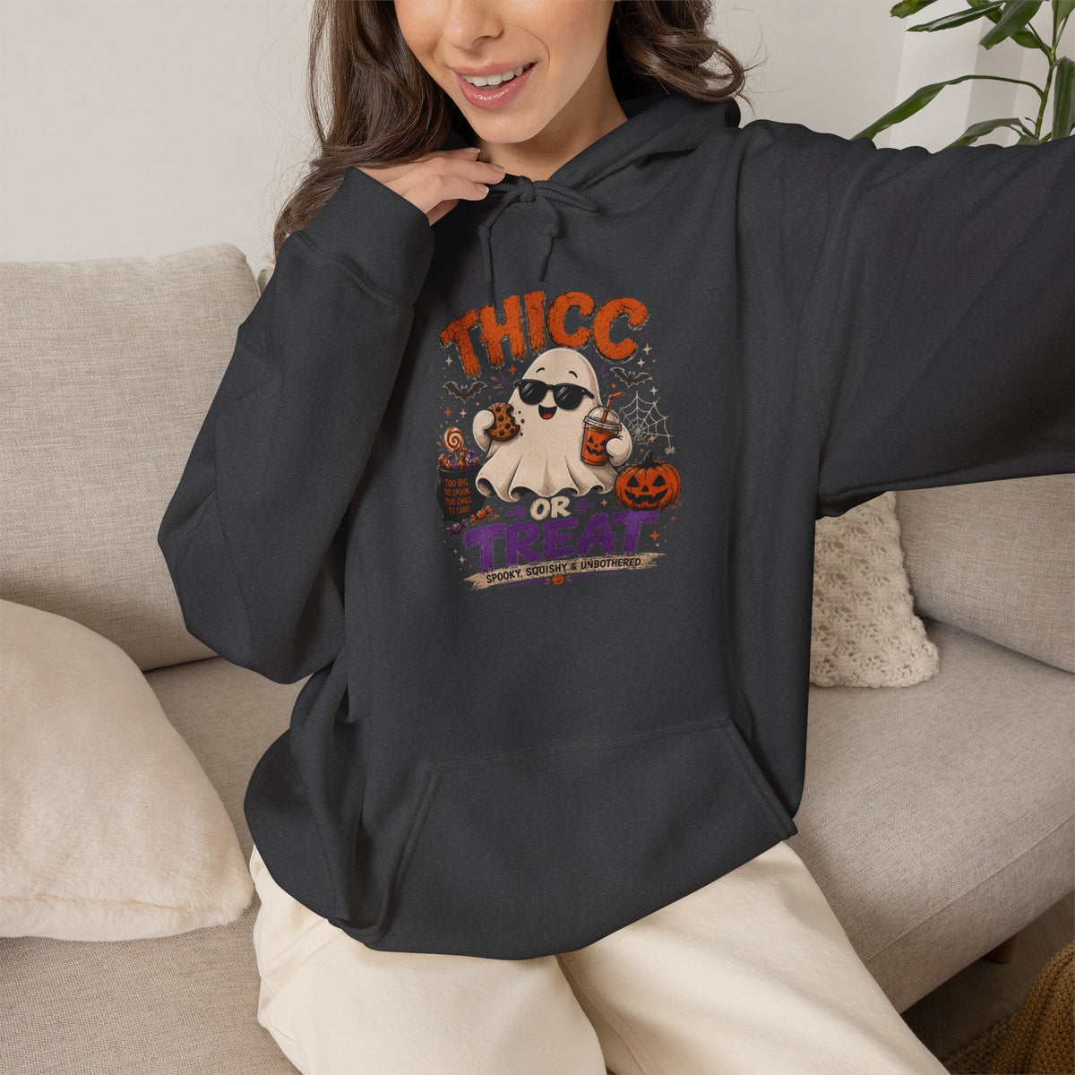 Chubby Ghost Max Halloween "Thicc for Treats" Hoodie — Cute Ghost Candy Costume Sweatshirt