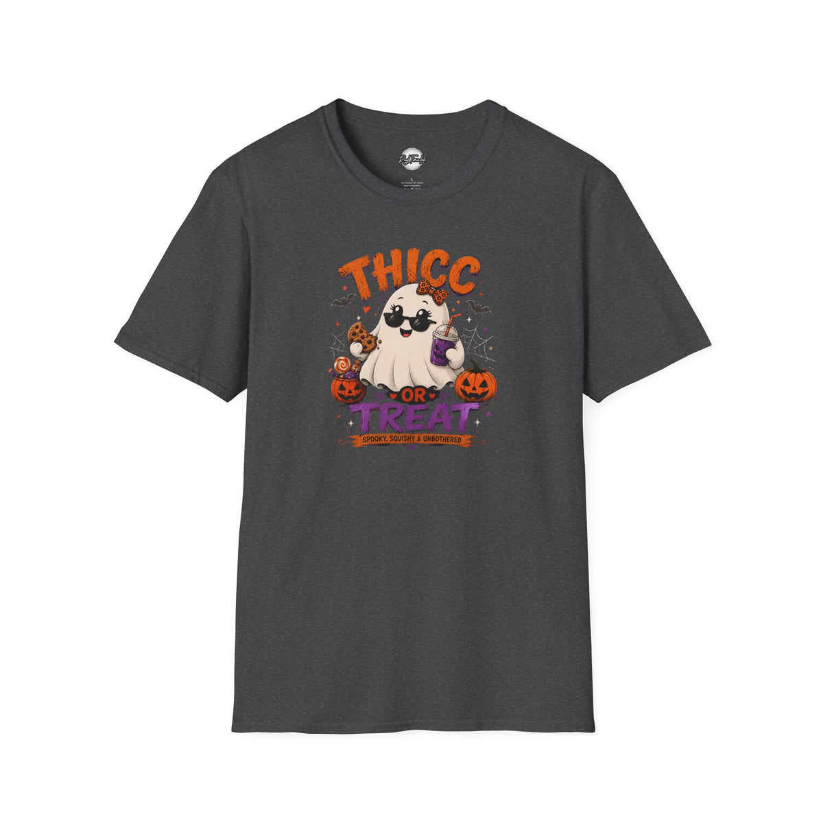 Chubby Ghost Thicc or Treat Halloween T-Shirt — Cute Spooky Pumpkin Treat Tee