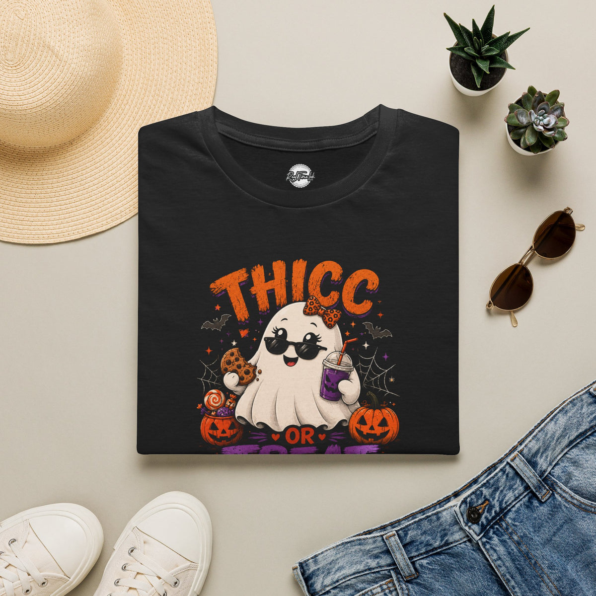 Chubby Ghost Thicc or Treat Halloween T-Shirt — Cute Spooky Pumpkin Treat Tee