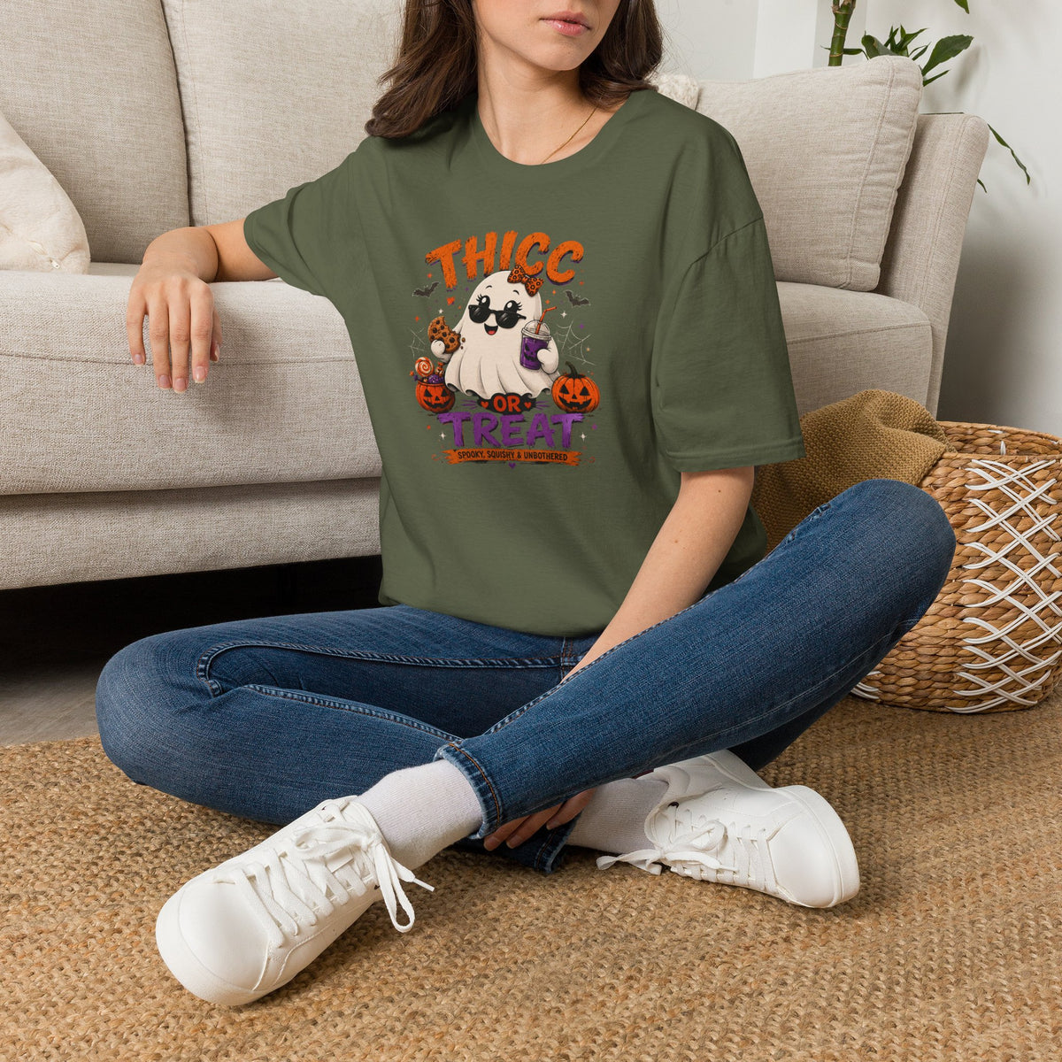 Chubby Ghost Thicc or Treat Halloween T-Shirt — Cute Spooky Pumpkin Treat Tee