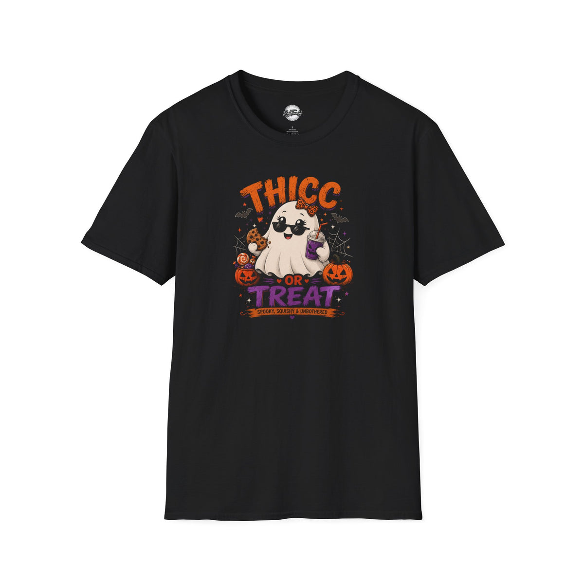 Chubby Ghost Thicc or Treat Halloween T-Shirt — Cute Spooky Pumpkin Treat Tee
