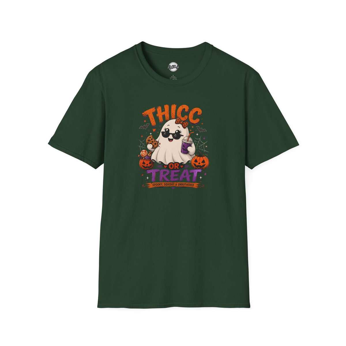 Chubby Ghost Thicc or Treat Halloween T-Shirt — Cute Spooky Pumpkin Treat Tee