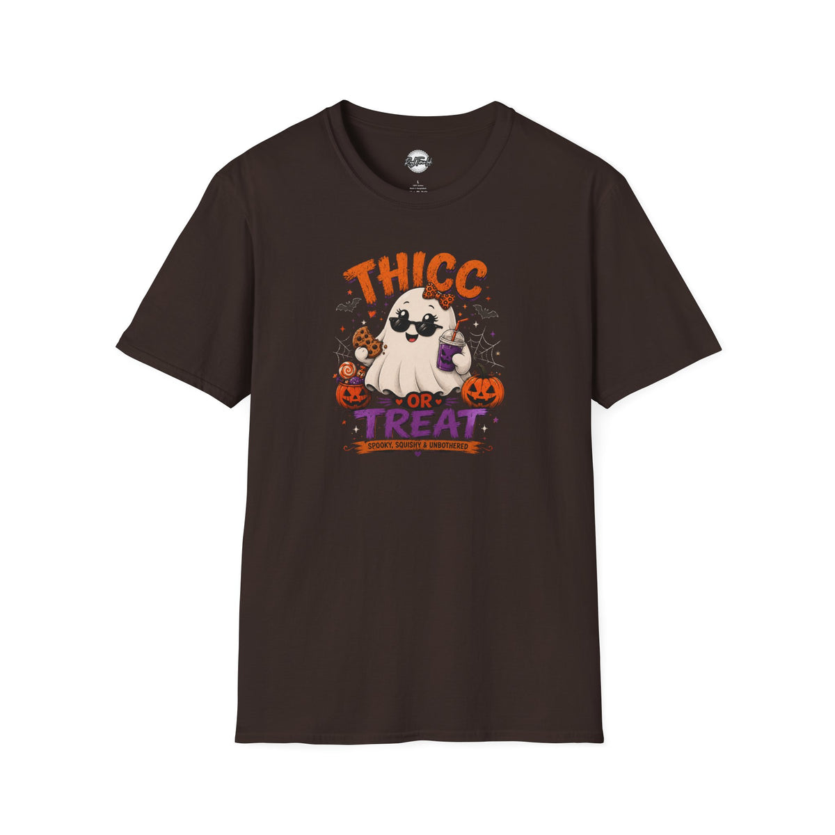Chubby Ghost Thicc or Treat Halloween T-Shirt — Cute Spooky Pumpkin Treat Tee