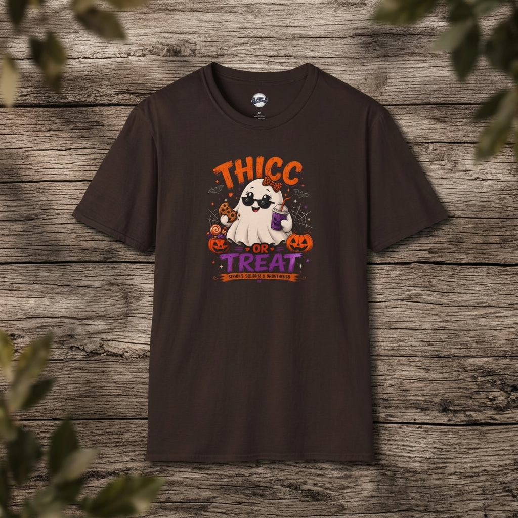Chubby Ghost Thicc or Treat Halloween T-Shirt — Cute Spooky Pumpkin Treat Tee