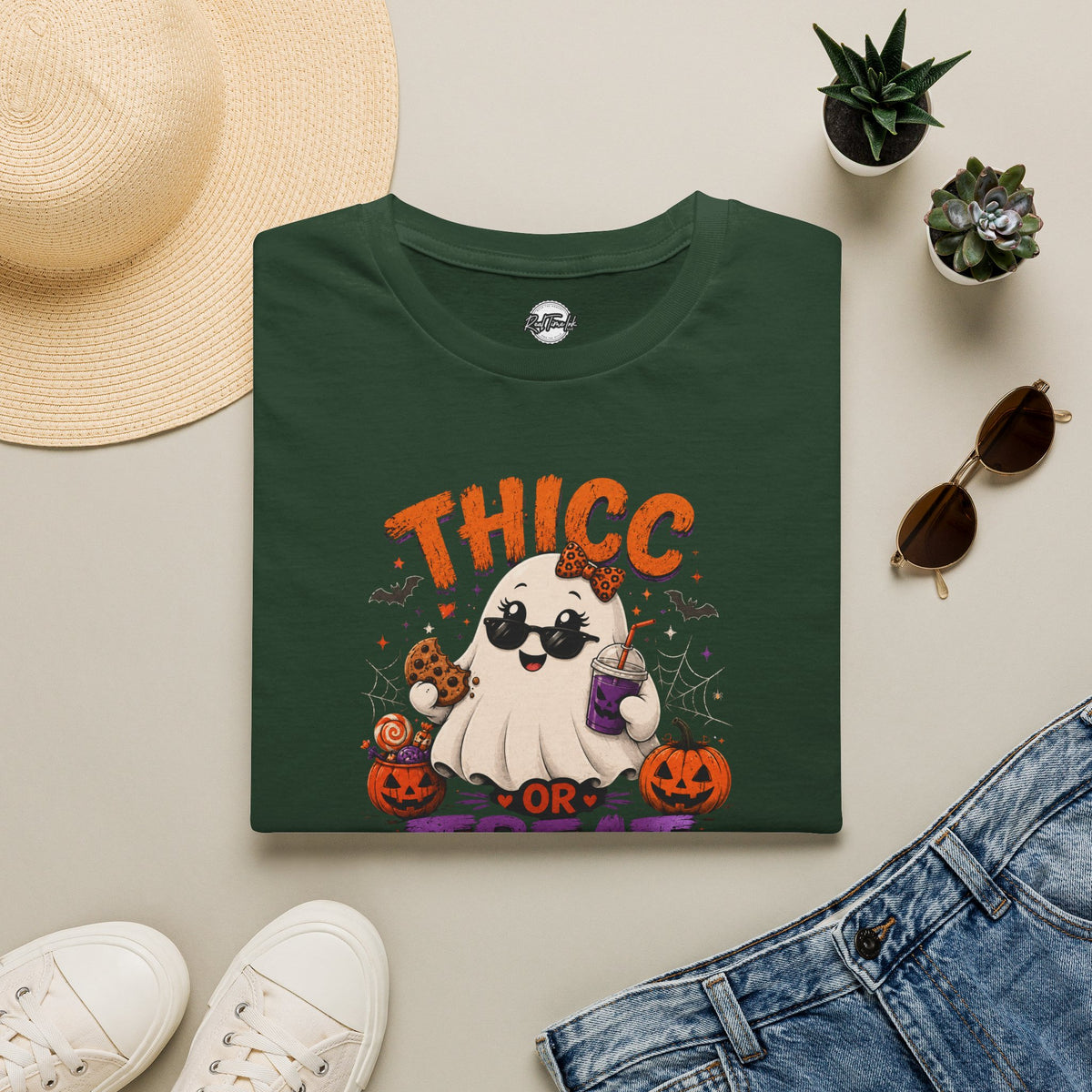 Chubby Ghost Thicc or Treat Halloween T-Shirt — Cute Spooky Pumpkin Treat Tee