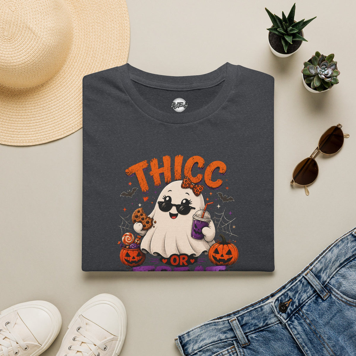 Chubby Ghost Thicc or Treat Halloween T-Shirt — Cute Spooky Pumpkin Treat Tee