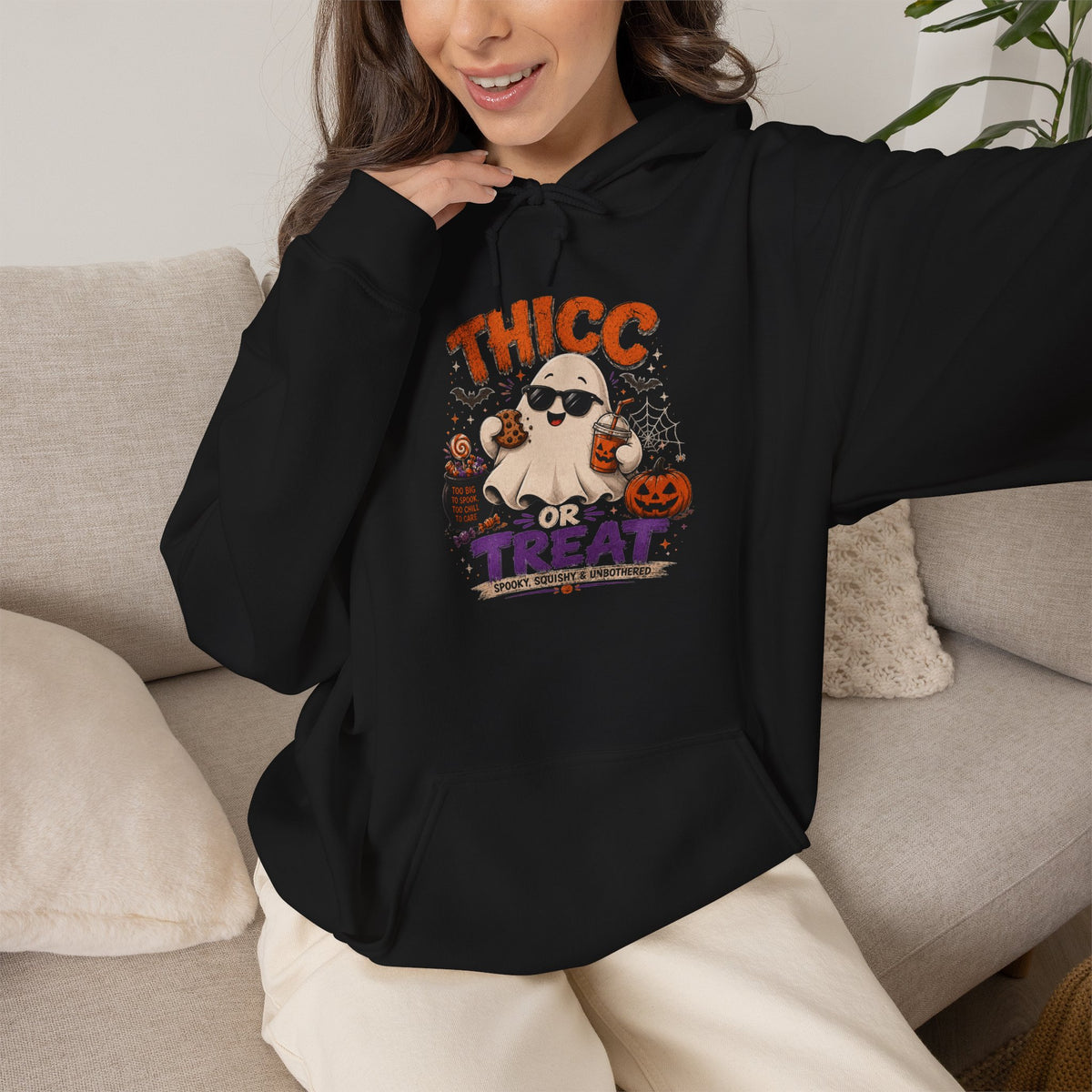 Chubby Ghost Max Halloween "Thicc for Treats" Hoodie — Cute Ghost Candy Costume Sweatshirt