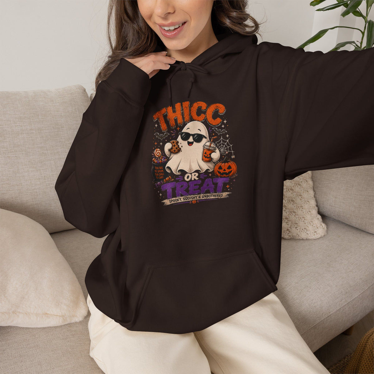 Chubby Ghost Max Halloween "Thicc for Treats" Hoodie — Cute Ghost Candy Costume Sweatshirt