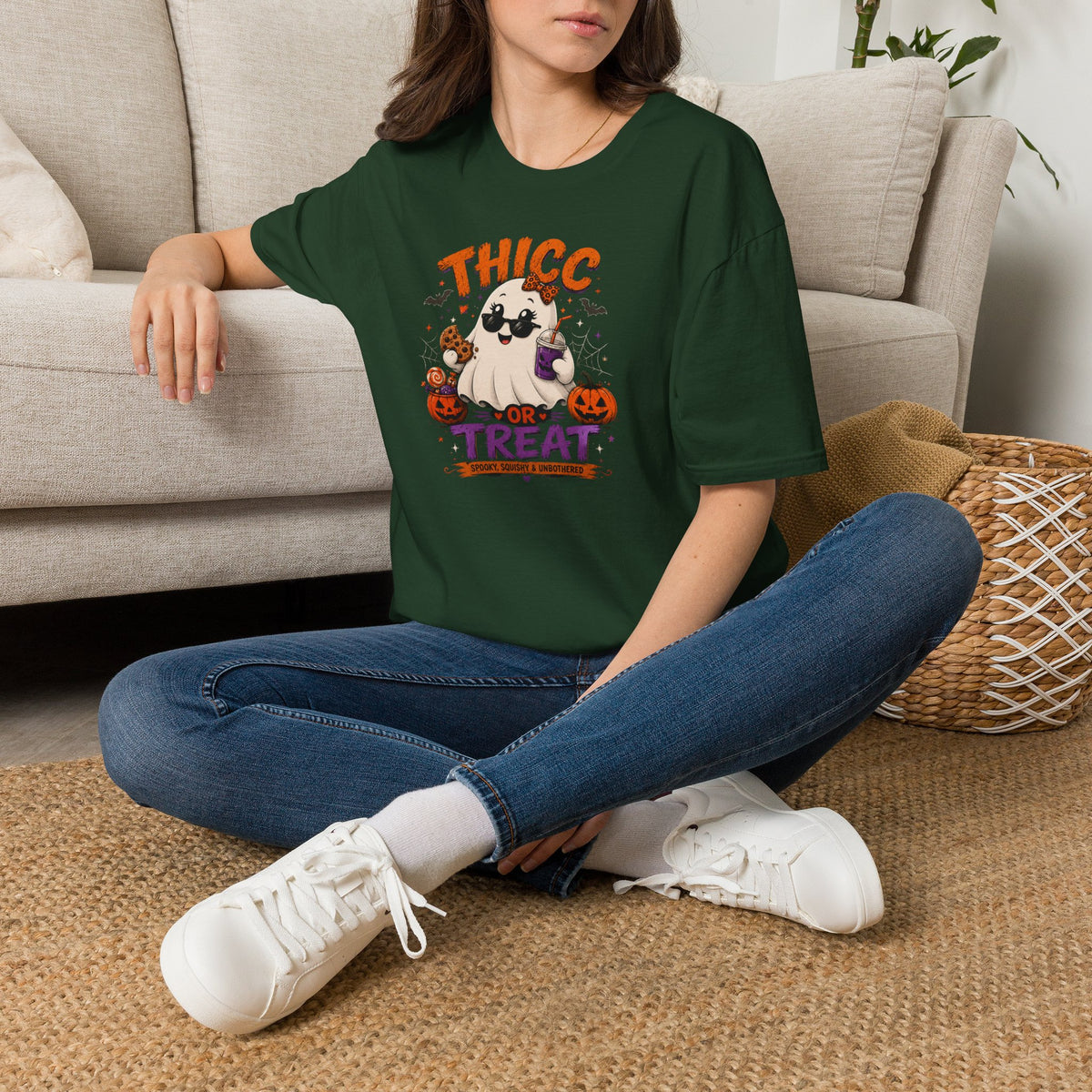 Chubby Ghost Thicc or Treat Halloween T-Shirt — Cute Spooky Pumpkin Treat Tee