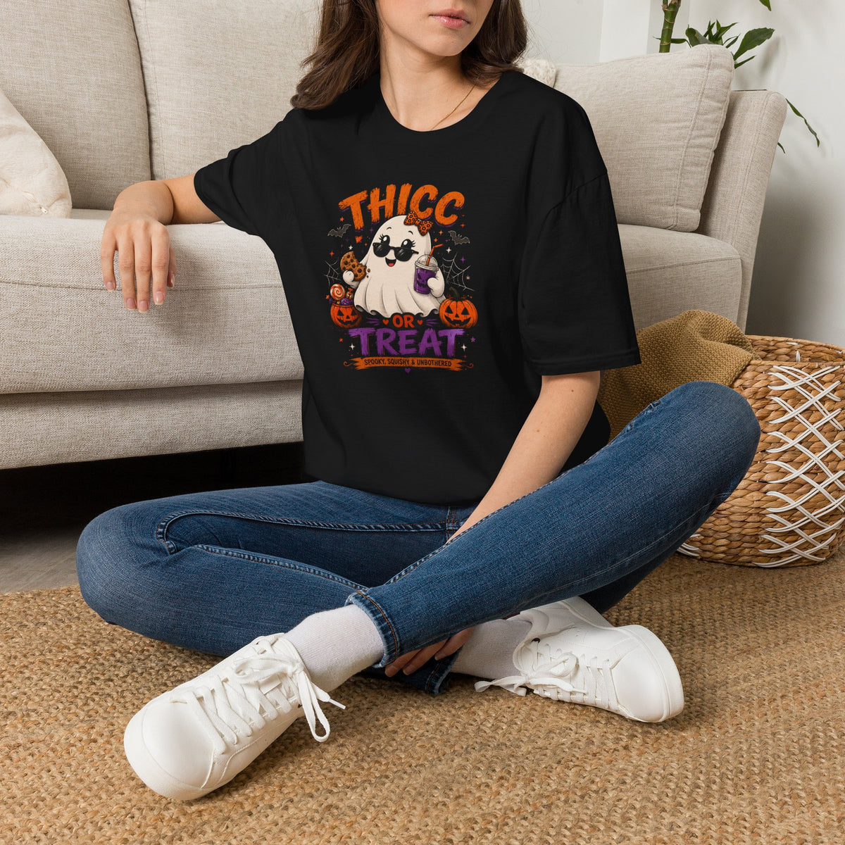 Chubby Ghost Thicc or Treat Halloween T-Shirt — Cute Spooky Pumpkin Treat Tee