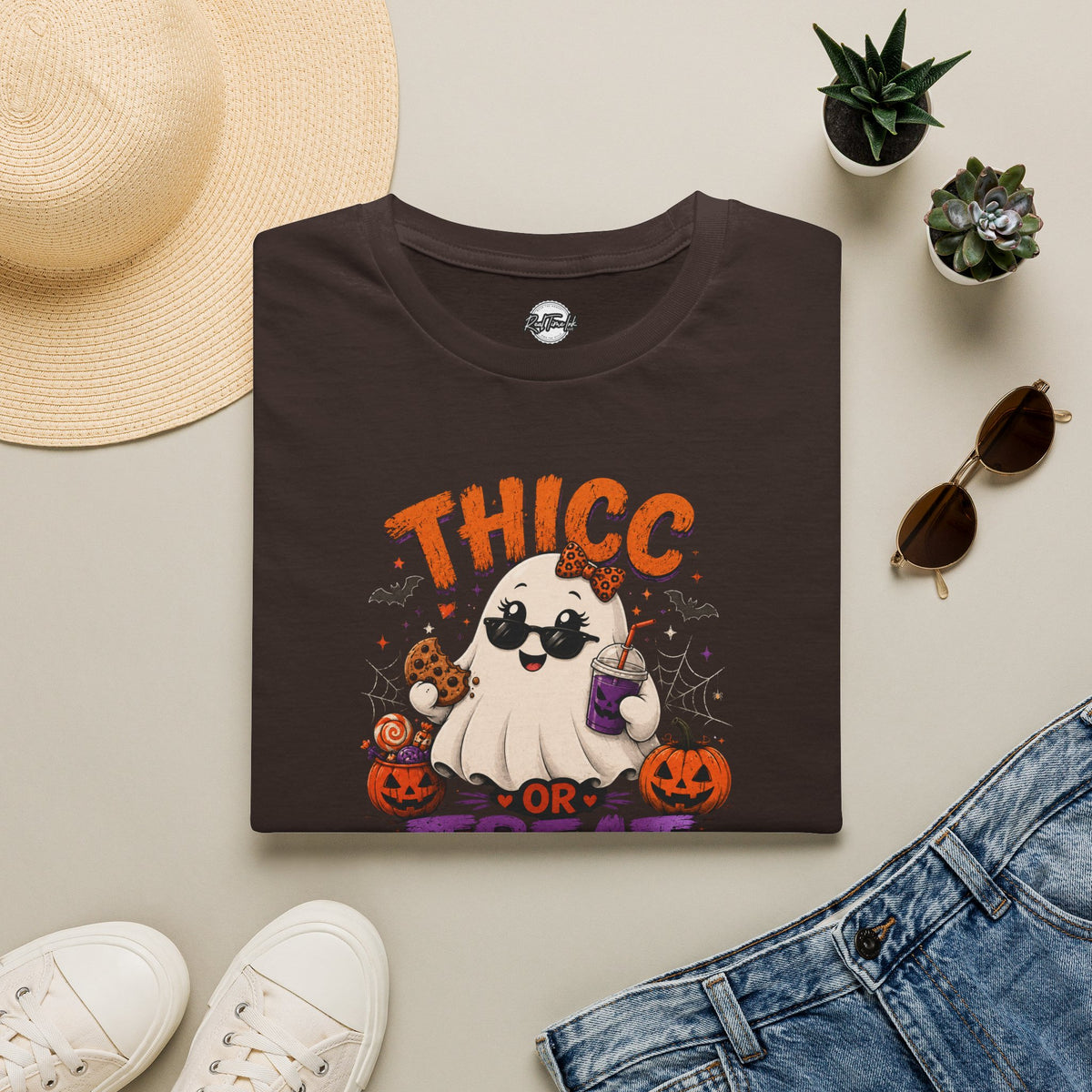 Chubby Ghost Thicc or Treat Halloween T-Shirt — Cute Spooky Pumpkin Treat Tee