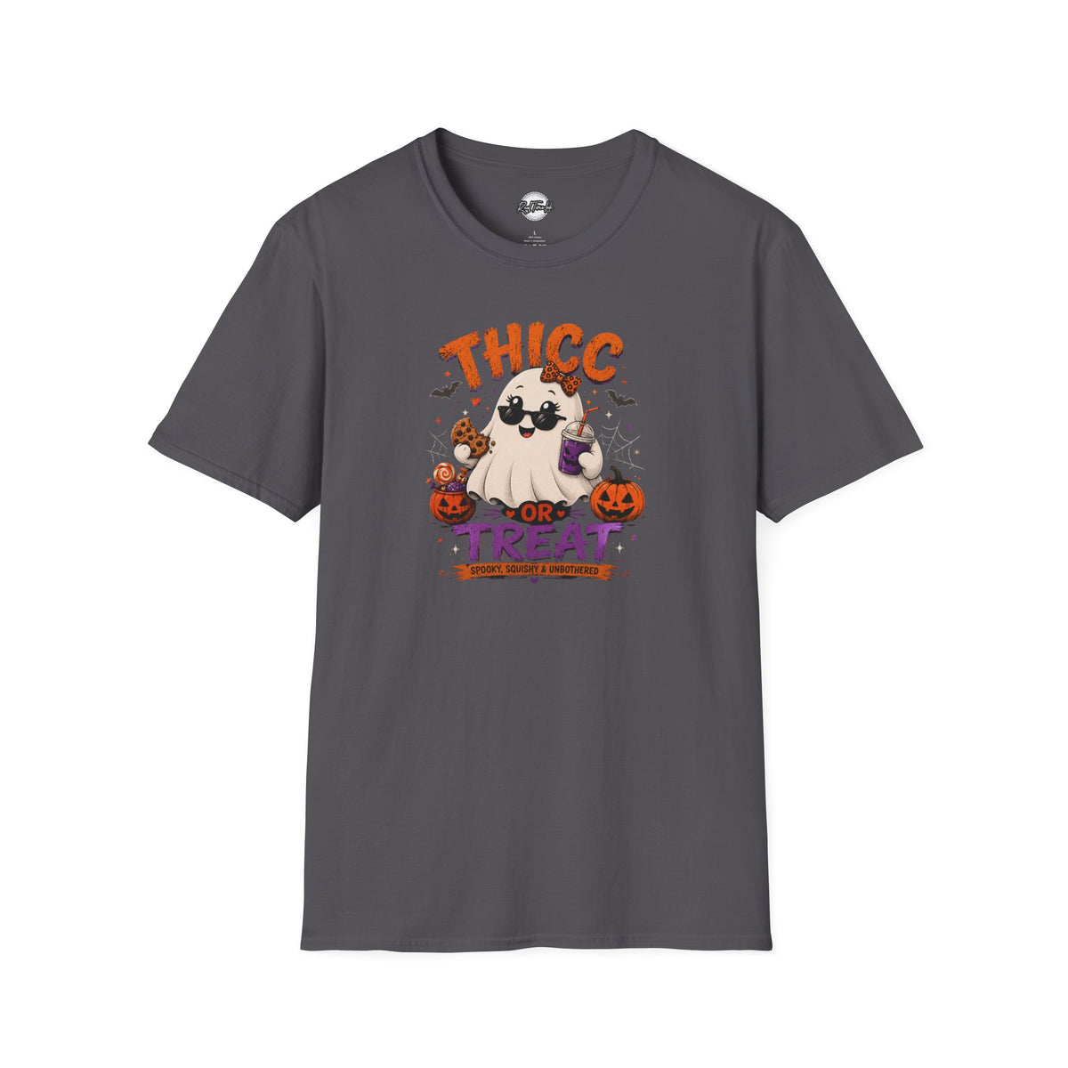 Chubby Ghost Thicc or Treat Halloween T-Shirt — Cute Spooky Pumpkin Treat Tee