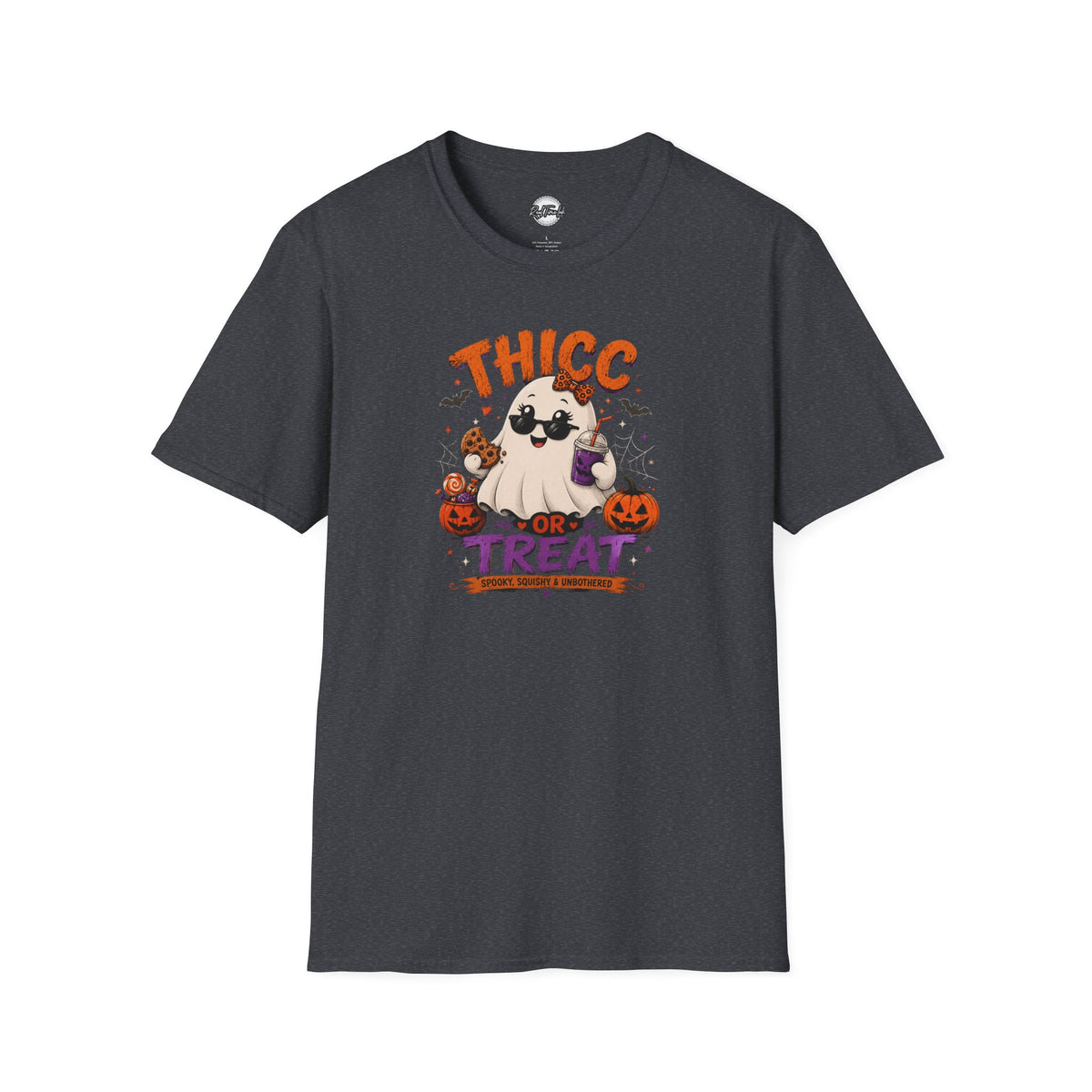 Chubby Ghost Thicc or Treat Halloween T-Shirt — Cute Spooky Pumpkin Treat Tee