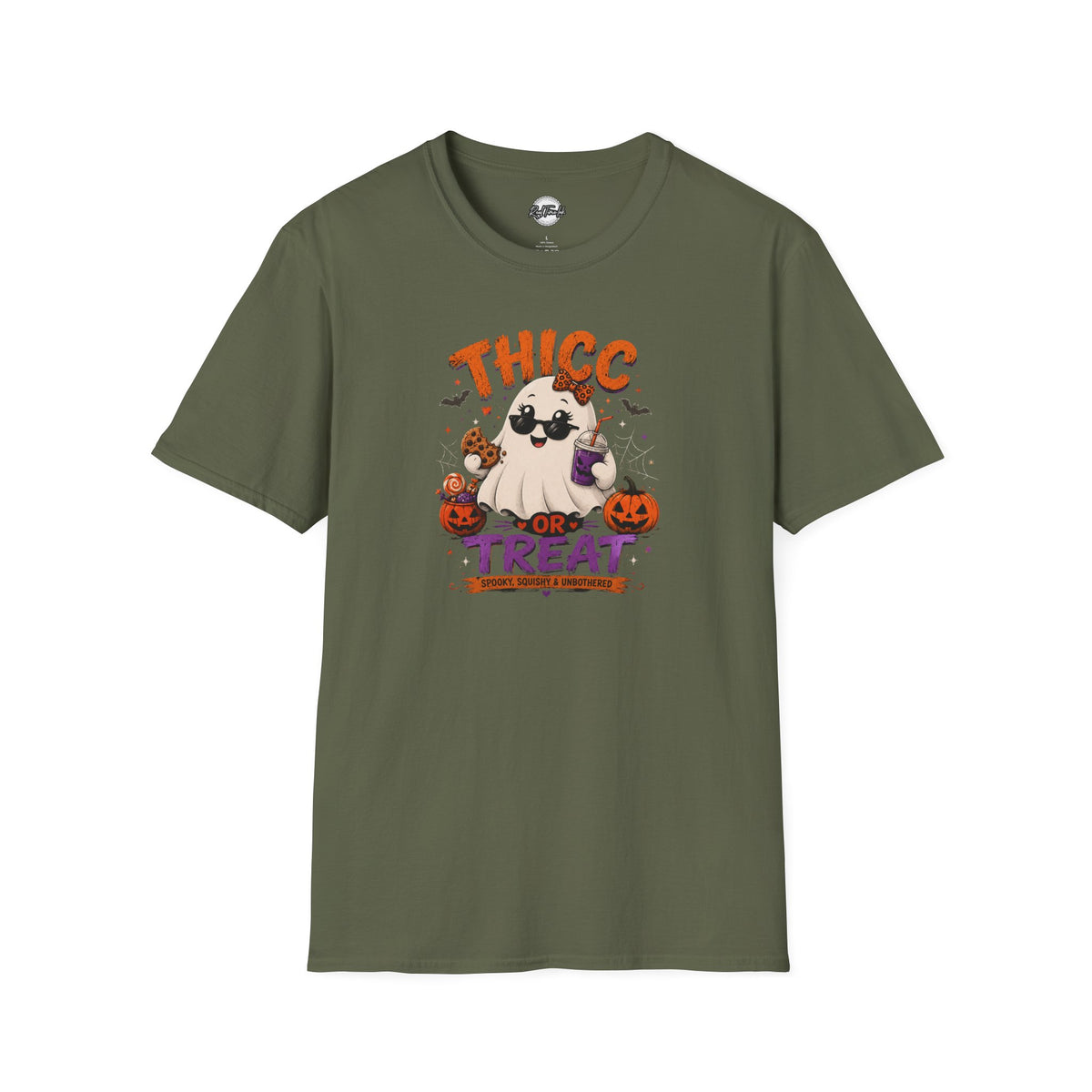 Chubby Ghost Thicc or Treat Halloween T-Shirt — Cute Spooky Pumpkin Treat Tee